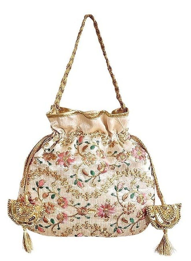 داتشيس حقيبة بوتلي دوقة بيضاء مطرزة بالزهور للنساء | حقيبة بوتلي أنيقة لحفلات الزفاف والمناسبات، بمقبض ذهبي وشرابات | حقيبة باتوا تقليدية للعروس، مثالية للمناسبات الاحتفالية والهدايا | خفيفة الوزن وواسعة - Image 1